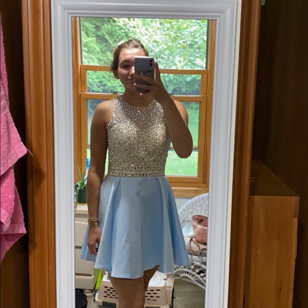 Blue Sequined Detail Mini Dress